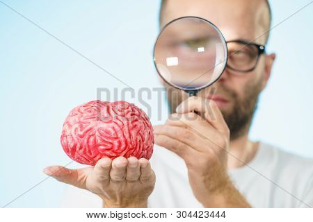 Adult Nerd Man Wearing Eyeglasses Looking At Human Brain Model. Thinking And Intelligence Conept