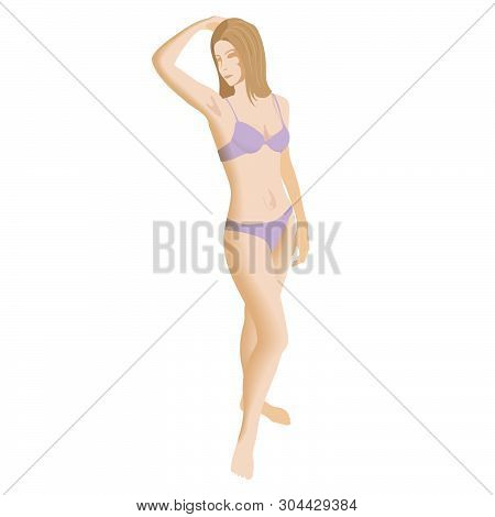 Young Woman Underwear Bikinin Holding Her Arm Up And Showing Underarm, Smooth Clear Skin.