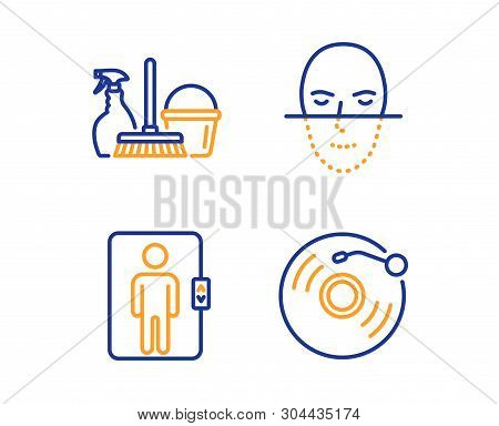 Elevator, Face Recognition And Household Service Icons Simple Set. Vinyl Record Sign. Office Transpo