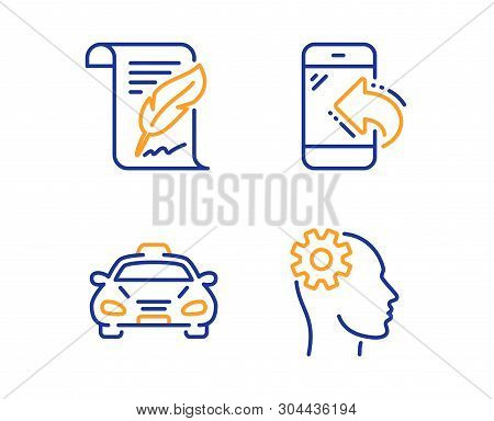 Incoming Call, Taxi And Feather Icons Simple Set. Engineering Sign. Phone Support, Public Transporta