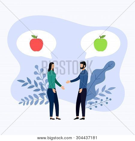 Two People Talk About Red Apples And Green Apples, Vector Illustrations
