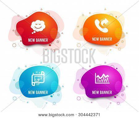 Liquid Badges. Set Of Share Call, Architectural Plan And Speech Bubble Icons. Investment Sign. Phone