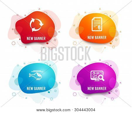 Liquid Badges. Set Of Attachment, Recycle And Helicopter Icons. Seo Analytics Sign. Attach File, Rec