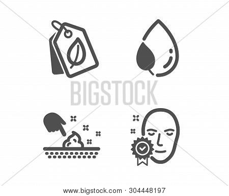 Set Of Leaf Dew, Bio Tags And Skin Moisture Icons. Face Verified Sign. Water Drop, Leaf, Wet Cream. 
