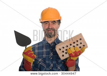 ยิ้ม bricklayer พลั่วและอิฐ