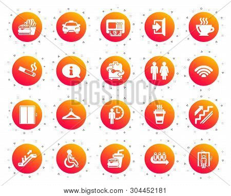 Public Services, Wifi Icons. Elevator, Cloakroom And Taxi Icons. Exit, Atm And Escalator. Wifi, Lift