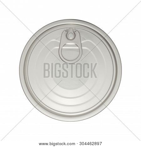 Top View And Close-up Image Of Silver Aluminium Easy Open Tin Can Lid Ring Pull Isolated On White Ba