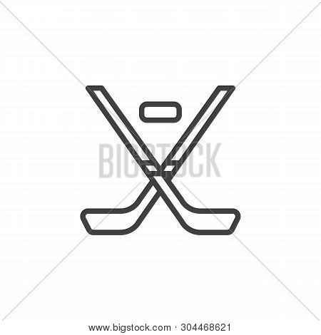 Crossed Hockey Sticks And Puck Line Icon. Linear Style Sign For Mobile Concept And Web Design. Ice H
