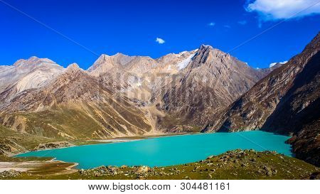 Deep Green Water Of Sheshnag Lake In The Vicinity Of Amarnath Cave In Kashmir.