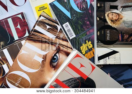 Heap Of Vogue Italia Fashion, Beauty And Lifestyle Magazines. Pile Of Conde Nast Publications Cover 