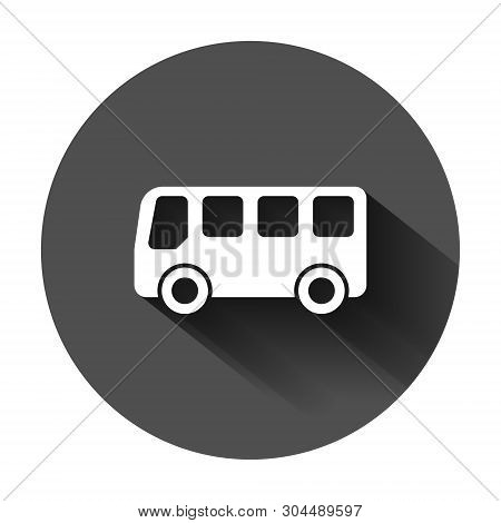 School Bus Icon In Flat Style. Autobus Vector Illustration On Black Round Background With Long Shado