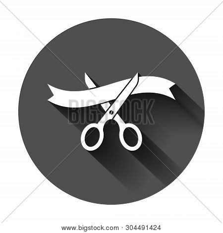 Scissors Icon In Flat Style. Cutting Ribbon Vector Illustration On Black Round Background With Long 