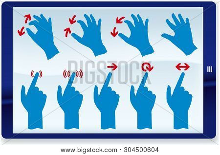 Hand Icons With Arrows Into A Tablet. Gesture Symbols.