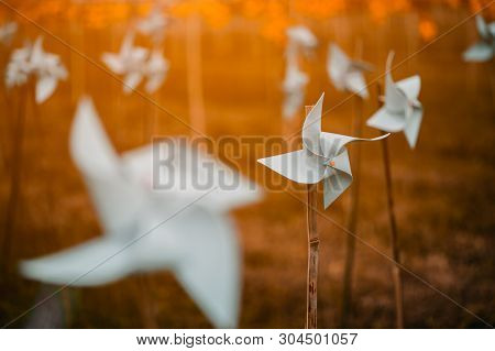 Paper Windmills In Green Grass Field.paper Windmills.
