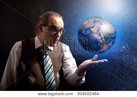 Funny Scientist Looking To Universe And Planet Earth