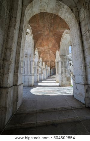 Church of San Antonio in Aranjuez, Madrid, Spain. Stone arches and walkway linked to the Palace of Aranjuez