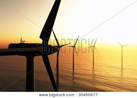 Windfarm v moři při západu slunce 3D render