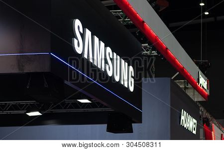 Bangkok, Thailand - June 02, 2019 : Samsung And Huawei Logo In Thailand Mobile Expo 2019 , Samsung A