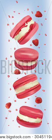 Raspberry Macaroon In Motion Isolated On Blue Background. Sweet French Macaroons Close Up. Falling M