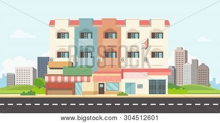 Flat House On Main Street With Park And City Background.apartment With Town Landscape Vector Design.