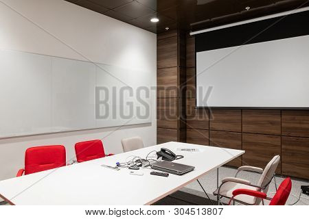 Minsk, Belarus - May 23, 2019: Interior Of Empty Modern Board Room At Creative Office