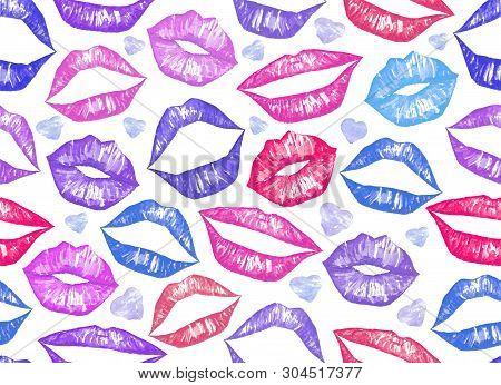Pink Watercolor Lips Seamless Pattern Hand Made Illustration. Half-open Lips. Cool Shades