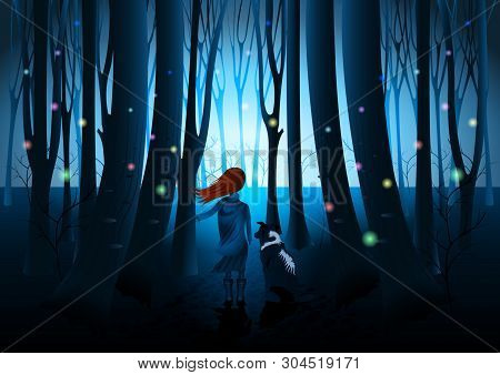 Girl With Dog, Rear View, Flying Multicolored Fireflies In Dark Fantasy Shine Forest. Mysterious Vec