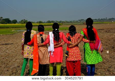 Close Up Back Shot Of Five Young Girls, Teenagers Wearing Colorful Traditional Salwar Kameez Dress, 