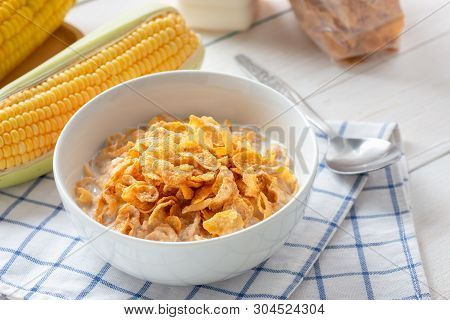 Corn Flakes In Bowl With Milk And Cereal Corn Flakes In Plastic Pack, Energy Health, Breakfast Daily