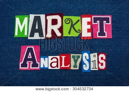 Market Analysis Text Word Collage, Multi Colored Fabric On Blue Denim, Trends Examination Concept, H