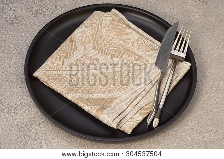 Template With Empty Space For Advertising Design. Black Circle Wooden Tray Served By Fork And Knige 