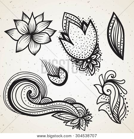 Handsketched Set Of Beautiful Mehndi Design Elements. Henna Temporary Flash Tattoo. Traditional Ethn