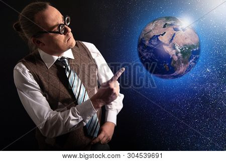 Funny Scientist Looking To Universe And Planet Earth