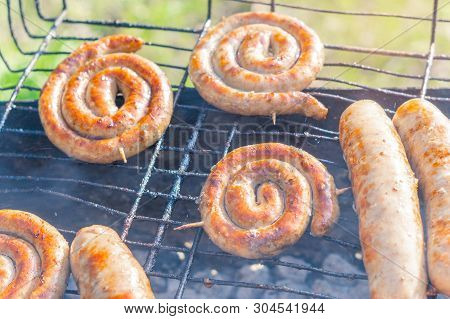 Fried Twisted Sausages Kupaty Grilled Cooking On The Grill