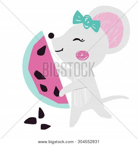 Mouse Baby Girl With Watermelon Cute Summer Print. Sweet Animal With Fresh Fruit, Bow. Cool Animal I