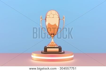 Golden Trophy Cup With Soccer Ball On The Podium. Winner Cup And Football Ball. Shiny Golden Trophy 
