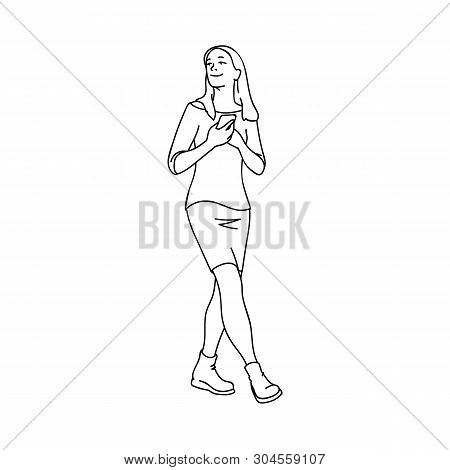 Cute Girl With Phone In Her Hands At The Chest Taking A Walk. Black Lines Isolated On White Backgrou