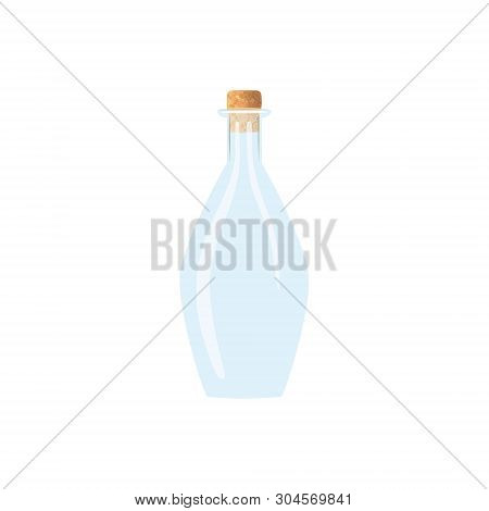 Glass Wine Empty Bottle With Cork. Tranparent Icy-white Decanter On White Background. Flask For Juic