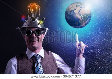 Funny Scientist Looking To Universe And Planet Earth