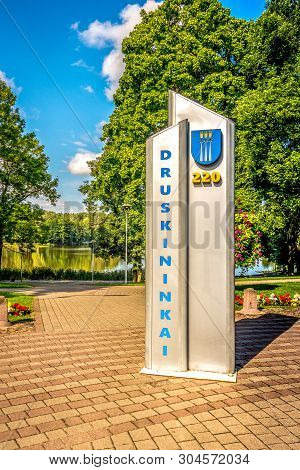 Druskininkai City Sign And View To Druskonis Lake In Druskininkai City, Lithuania