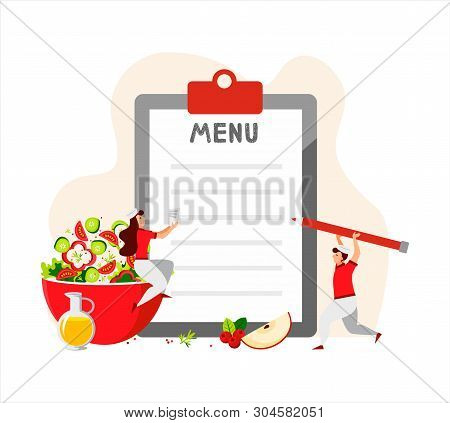 Small Mini-cooks Make Up The Menu For The Day. Red Pencil, Menu And Green Salad For A Healthy Lifest