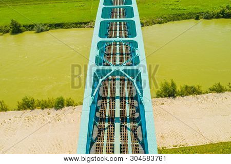 Green Railway Bridge Over Sava River In Zagreb, Croatia, From Drone, Aerial View