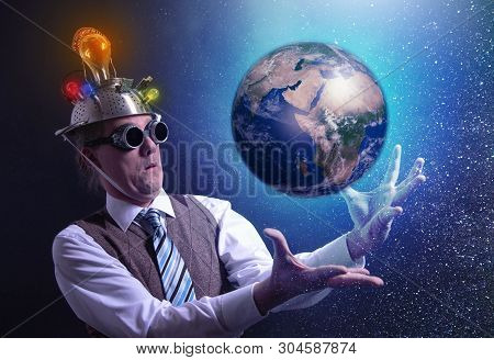 Funny Scientist Looking To Universe And Planet Earth