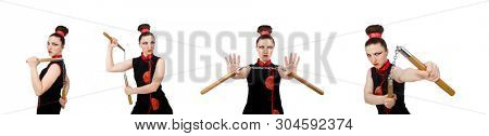 Funny woman with nunchucks isolated on white