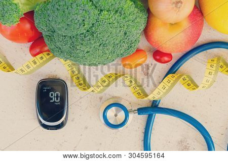 Raw Vegetables With Blood Glucose Meter And Stethoscope, , Diabetes Healthy Diet Concept, Toned
