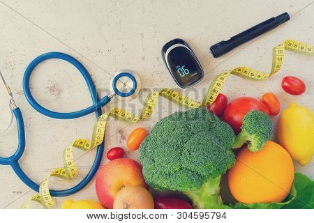Raw Vegetables With Blood Glucose Meter, Lancet And Stethoscope, Diabetes Healthy Diet Concept, Tone