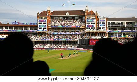 LONDON, ENGLAND. 02 JUNE 2019: A general view of play with the pavilion in the background during the South Africa v Bangladesh, ICC Cricket World Cup match, at the Kia Oval, London, England.