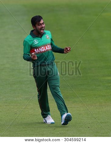 LONDON, ENGLAND. 02 JUNE 2019: Mehedi Hasan Miraz of Bangladesh celebrates taking the wicket of Faf du Plessis of South Africa during the South Africa v Bangladesh, ICC Cricket World Cup match