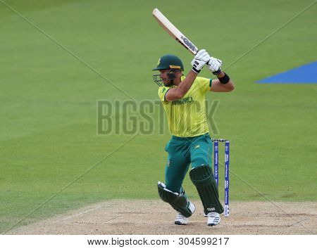 LONDON, ENGLAND. 02 JUNE 2019: Aiden Markram of South Africa plays a shot during the South Africa v Bangladesh, ICC Cricket World Cup match, at the Kia Oval, London, England.