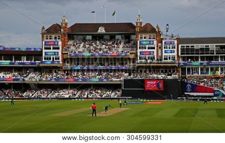 LONDON, ENGLAND. 02 JUNE 2019: A general view as Chris Morris of South Africa hits the ball and is caught out during the South Africa v Bangladesh, ICC Cricket World Cup match, at the Kia Oval